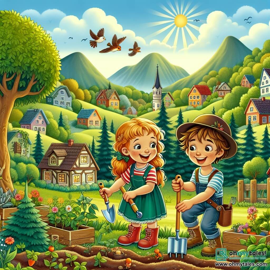 Une illustration destinée aux enfants représentant une jeune fille aventurière et aimante de la nature qui travaille avec un garçon curieux et énergique pour créer un jardin communautaire dans une petite ville appelée Green Valley, entourée de collines verdoyantes et d'arbres majestueux.