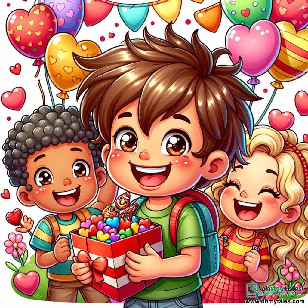 Une illustration sous forme de dessin destinée aux enfants représentant un joyeux parc coloré décoré de cœurs et de ballons, où un garçon de 6 ans avec des cheveux bruns en bataille et des yeux pétillants, souriant et tenant un bracelet fait main, est entouré de ses amis, dont une fille aux boucles blondes qui rit en tenant une grande boîte de friandises, tandis qu'ils partagent des douceurs et s'amusent ensemble, illustrant l'esprit de la Saint-Valentin et la joie de l'amitié.