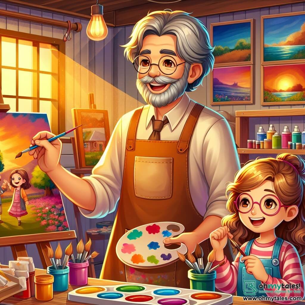 Une illustration sous forme de dessin destinée aux enfants représentant un charmant studio d'art coloré, rempli de toiles éclatantes et de pots de peinture, où un homme âgé aux cheveux gris et à la barbe soignée, vêtu d'un tablier taché de peinture, sourit joyeusement en montrant aux enfants, une fille aux cheveux bruns et des lunettes, et un garçon aux boucles dorées, comment peindre des scènes imaginaires, tandis qu'une lumière dorée du soleil couchant inonde la pièce, créant une atmosphère chaleureuse et inspirante.