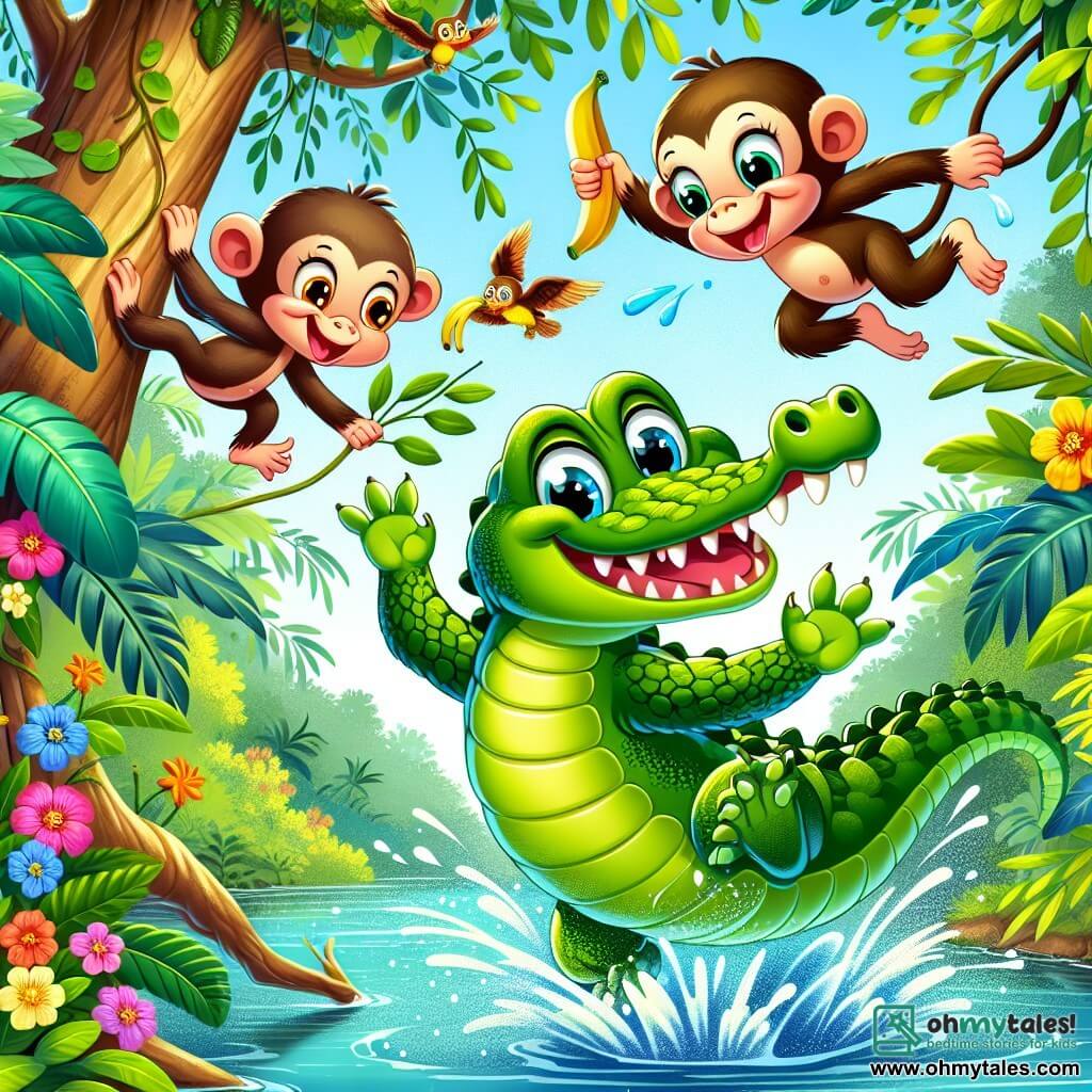 Illustration destinée aux enfants représentant une scène vibrante et colorée dans la jungle, où un crocodile aux écailles vertes brillantes et aux yeux pétillants d'excitation se tient sur une branche d'un grand arbre, entouré de feuilles luxuriantes et de fleurs éclatantes. À ses côtés, deux singes espiègles, l'un avec une fourrure brune et l'autre avec des taches dorées, sautent joyeusement d'une branche à l'autre, riant et tenant des bananes dans leurs petites mains. La scène capture l'instant où le crocodile, avec un large sourire, se prépare à plonger dans l'eau cristalline d'une rivière, tandis que des oiseaux colorés volent au-dessus d'eux, ajoutant une touche de magie à cette aventure pleine de rires et d'amitié.