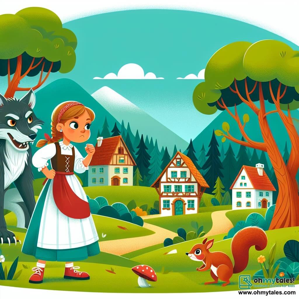 Une illustration destinée aux enfants représentant une courageuse petite fille face à un grand méchant loup, accompagnée d'un malicieux écureuil, dans un village pittoresque entouré de collines verdoyantes et de forêts mystérieuses.