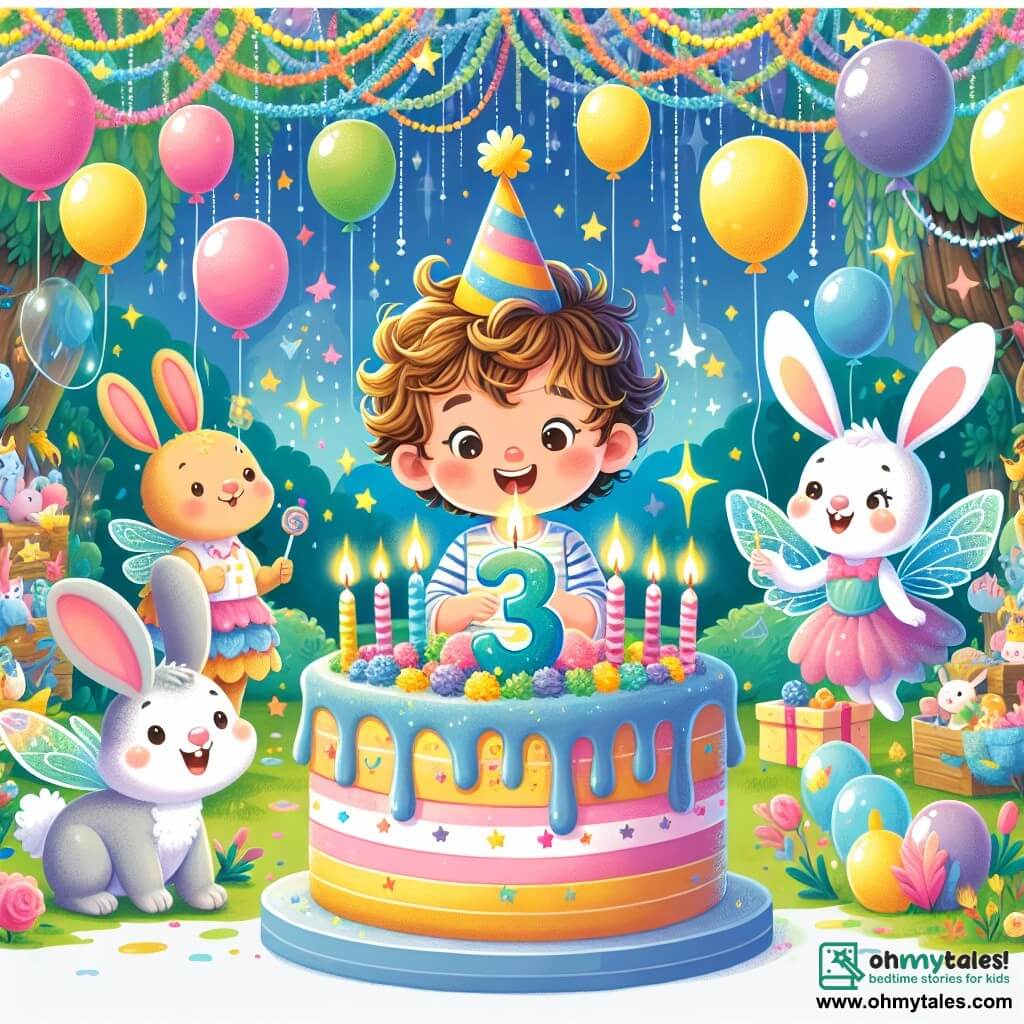 Une illustration sous forme de dessin destinée aux enfants représentant un jardin enchanté décoré de ballons colorés et de guirlandes scintillantes, où un garçon de 3 ans aux cheveux bouclés et aux joues roses, souriant avec émerveillement, souffle sur trois bougies d'un immense gâteau d'anniversaire décoré de crème multicolore, entouré de créatures amicales comme un petit lapin aux yeux brillants et une fée aux ailes étincelantes, tous célébrant joyeusement son anniversaire dans une atmosphère magique et festive.