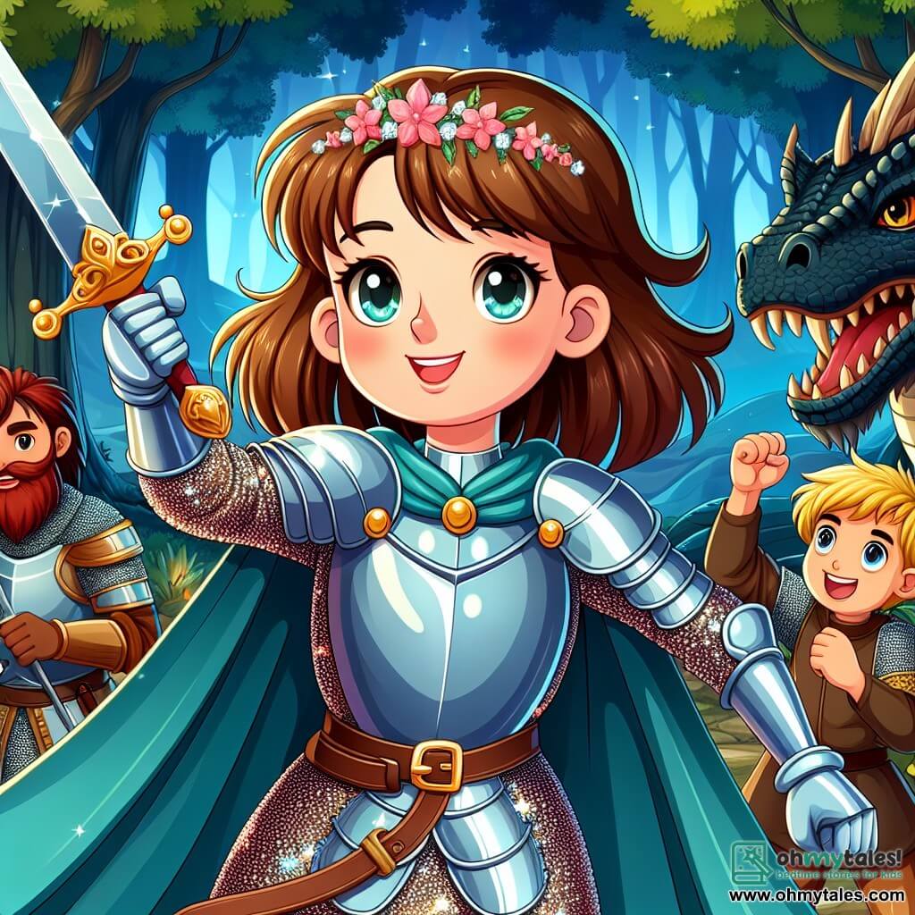 Une illustration sous forme de dessin destinée aux enfants représentant une scène vibrante dans la forêt enchantée d'Eldoria, où une courageuse chevaleresse aux cheveux châtain et aux yeux noisette, vêtue d'une armure scintillante, se tient fièrement avec son épée levée, entourée de plusieurs chevaliers, dont un garçon au visage jovial et un homme robuste avec une barbe rousse, tous deux affichant des expressions de détermination, alors qu'ils font face à un majestueux dragon aux écailles sombres, qui semble hésitant, symbolisant le moment où ils choisissent de transformer la peur en amitié.