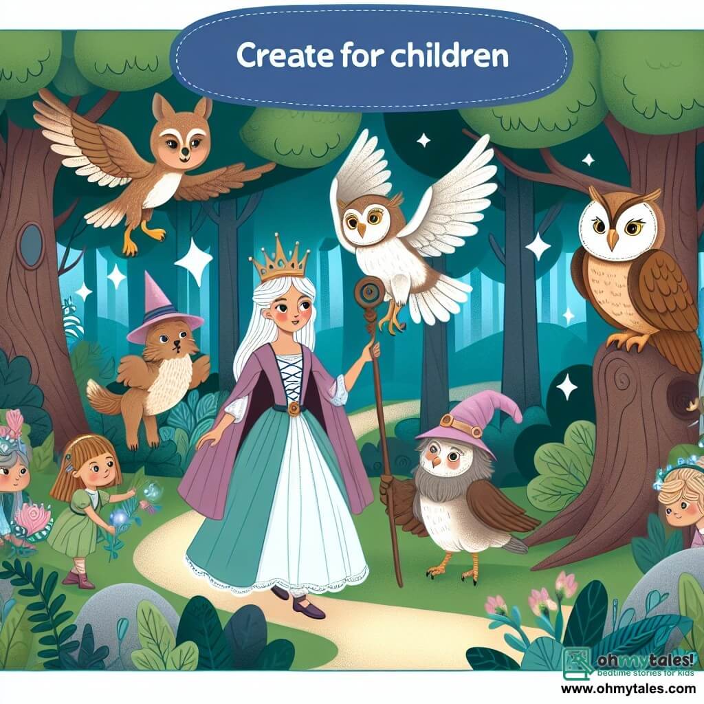 Une illustration destinée aux enfants représentant une princesse courageuse et aventureuse, accompagnée d'un hibou sage, se trouvant au cœur d'une forêt enchantée remplie de créatures mystiques telles que des arbres parlants et des fées amicales.