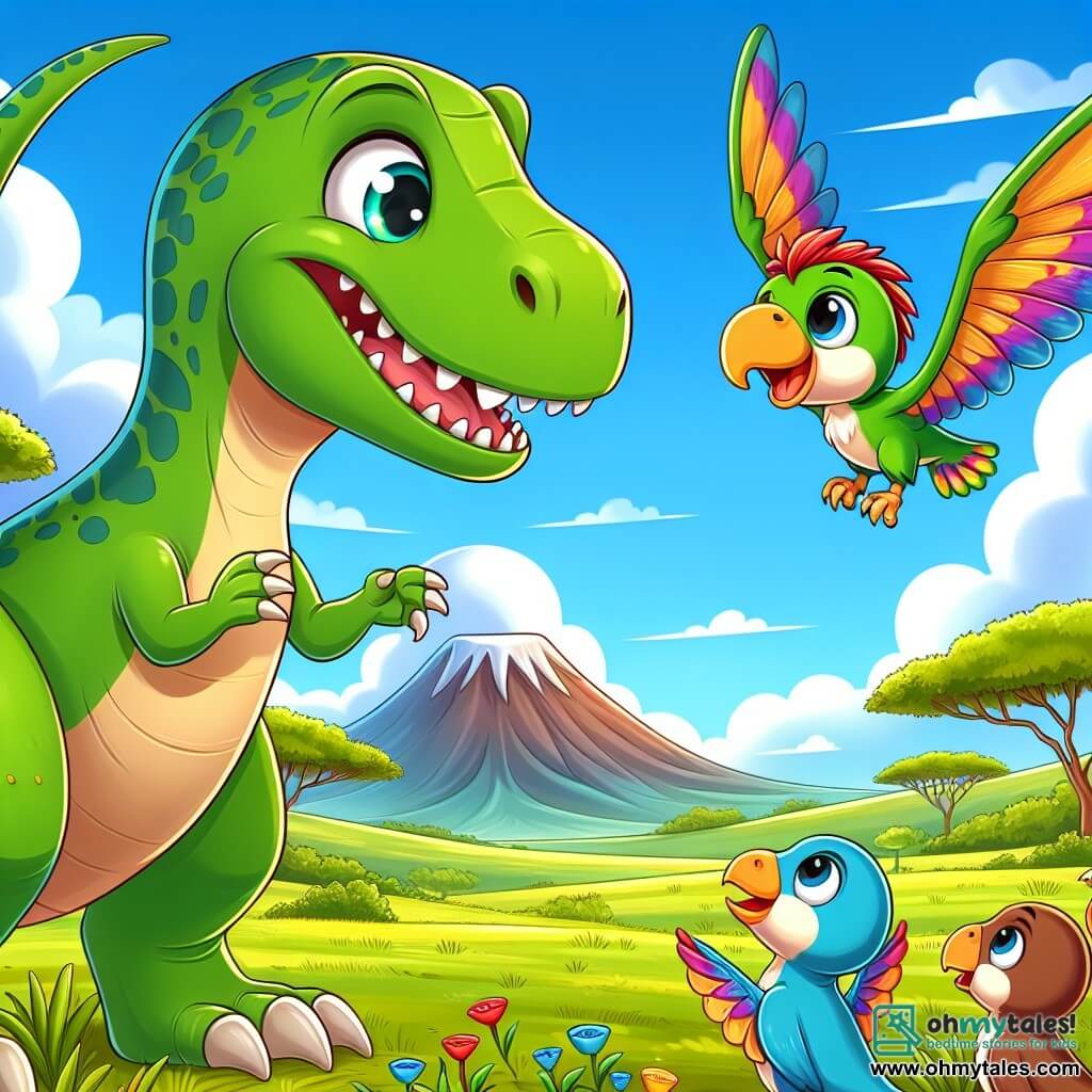 Une illustration sous forme de dessin destinée aux enfants représentant une vaste plaine verdoyante sous un ciel bleu éclatant, où un jeune Tyrannosaure Rex, avec une peau verte et des yeux pétillants de curiosité, se tient courageusement en train de discuter avec une Pteranodon aux ailes colorées qui vole joyeusement autour de lui, tandis qu'un groupe de petits dinosaures les observe avec émerveillement, tous unis dans leur quête pour trouver un allié légendaire capable de sauver leur monde d'un volcan menaçant.