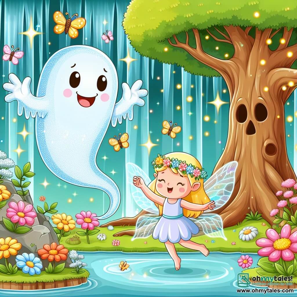 Une illustration sous forme de dessin destinée aux enfants représentant un jardin secret magique caché derrière une cascade scintillante, avec un petit fantôme joyeux, flottant dans les airs, avec un sourire chaleureux et une apparence translucide, entouré de fleurs lumineuses et de lucioles dansantes, tandis qu'une petite fée aux ailes brillantes et à la robe de pétales chante doucement à côté d'un vieux arbre majestueux aux branches étendues, illustrant leur moment de complicité alors qu'ils unissent leurs voix pour sauver leur royaume flottant.
