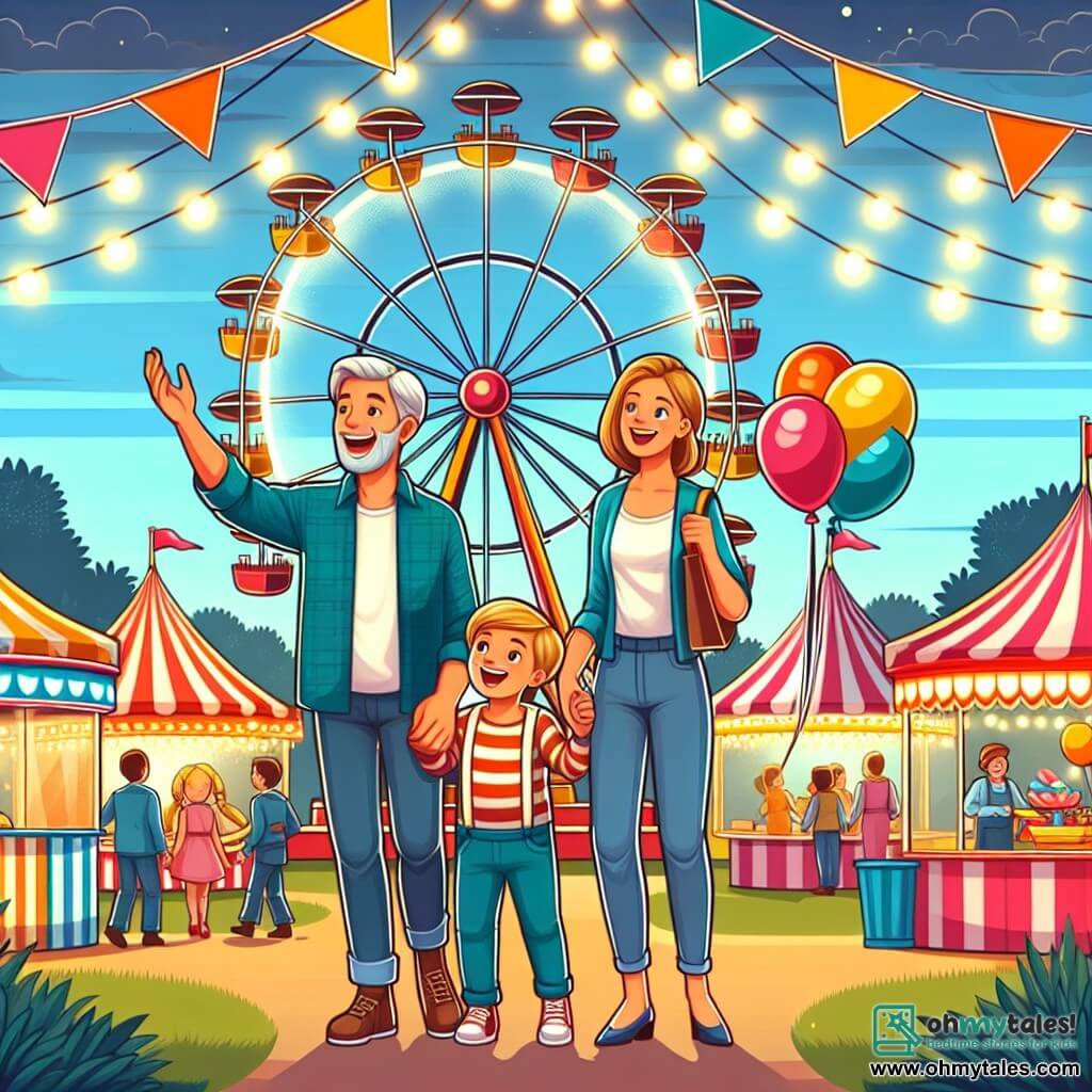 Une illustration destinée aux enfants représentant un petit garçon plein d'enthousiasme au carnaval, accompagné de ses parents, admirant la grande roue illuminée, entourés de stands colorés et de ballons joyeux, dans un parc animé et festif.