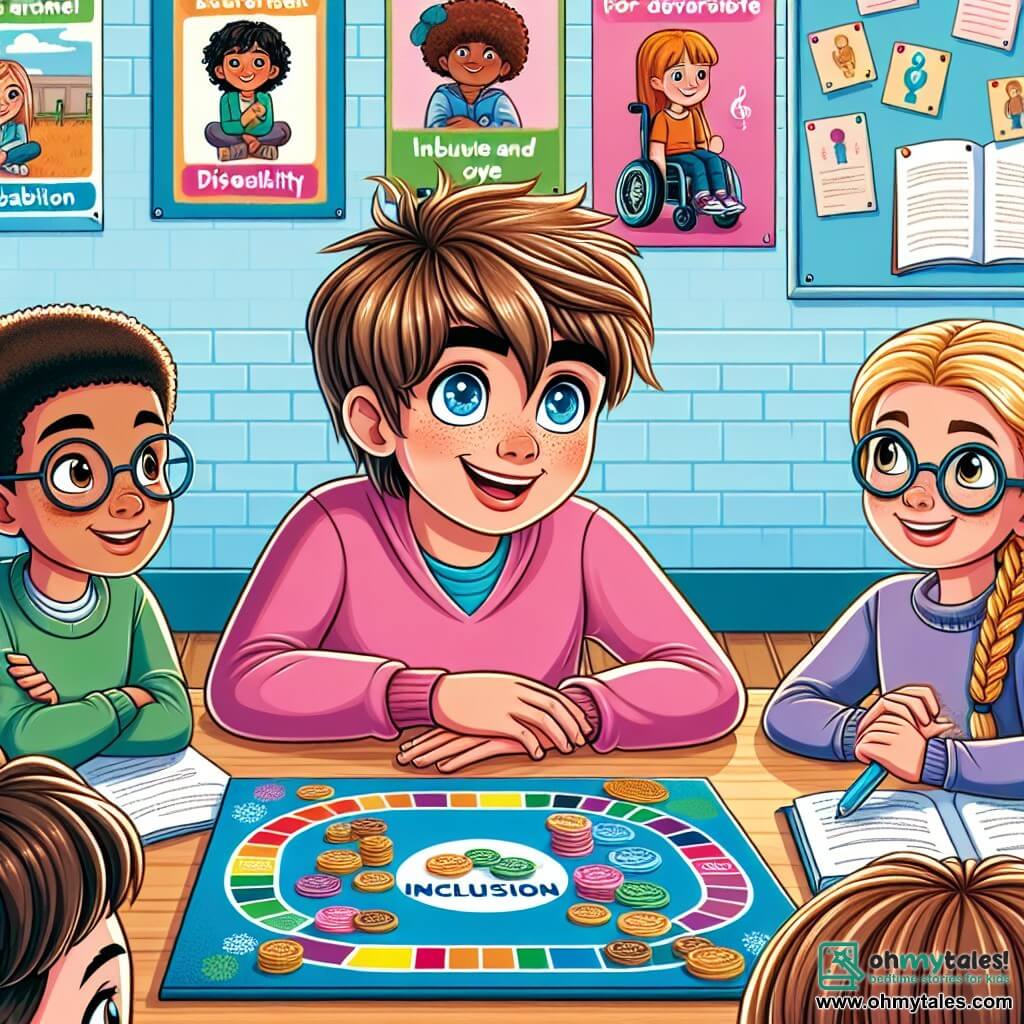 Une illustration sous forme de dessin destinée aux enfants représentant une salle de classe colorée, remplie de posters sur l'inclusion et la diversité, où un garçon de 11 ans aux cheveux bruns en bataille et aux yeux bleus, concentré et souriant, présente un jeu de société sur l'inclusion à un groupe de camarades, dont une fille aux cheveux blonds tressés qui l'écoute attentivement, et un garçon aux lunettes qui prend des notes avec enthousiasme, illustrant ainsi un moment de partage et d'apprentissage sur les défis liés au handicap.
