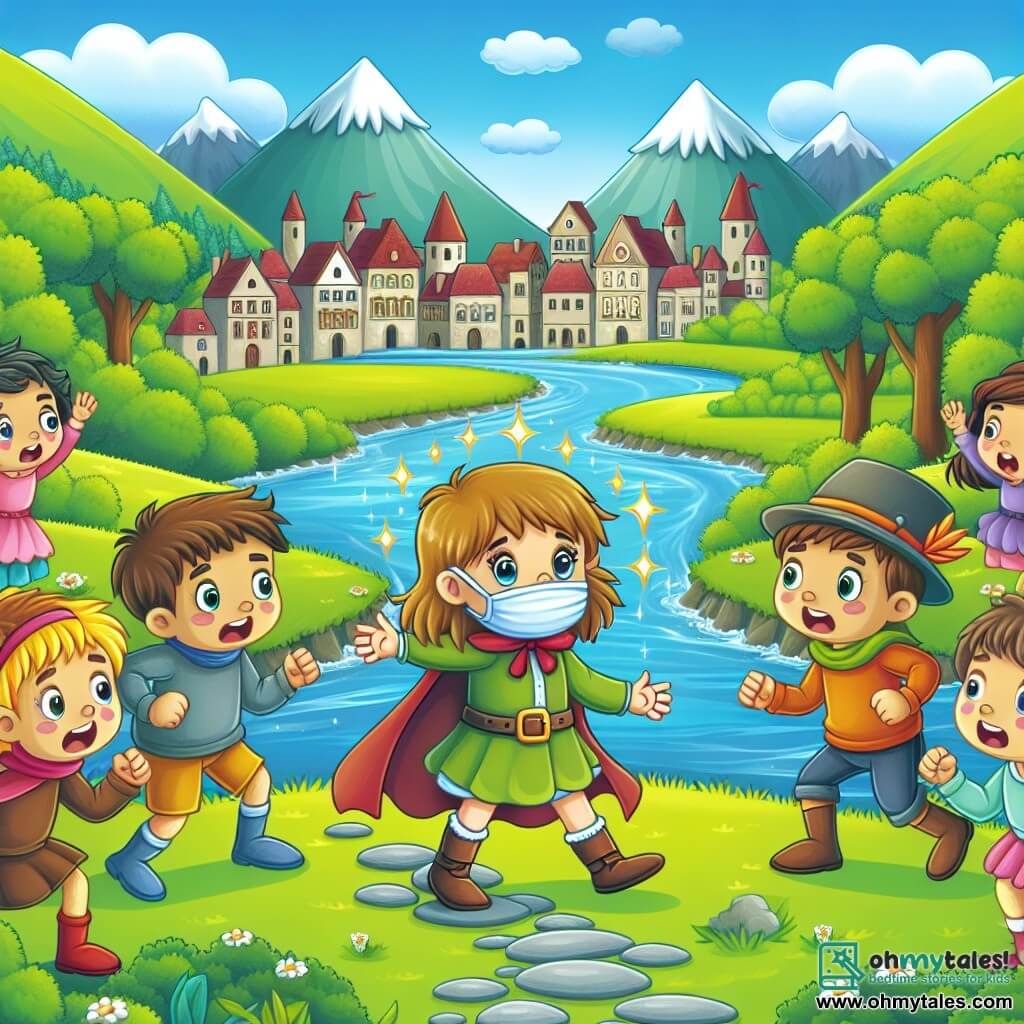 Une illustration destinée aux enfants représentant une courageuse petite fille affrontant une maladie, entourée de ses amis joyeux, dans une ville pittoresque bordée de collines verdoyantes et d'une rivière scintillante.