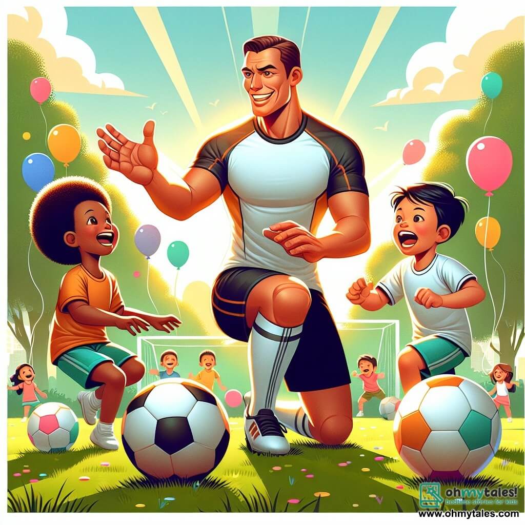 Une illustration destinée aux enfants représentant un joueur de football renommé, partageant ses talents avec deux enfants enthousiastes, dans un parc ensoleillé rempli de rires et de ballons colorés.