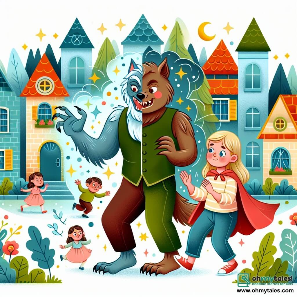 Une illustration destinée aux enfants représentant une créature rigolote mi-loup mi-humain, qui se transforme en loup-garou chaque fois qu'il fait rire les gens, accompagné d'une jeune fille curieuse, dans une ville enchantée pleine de maisons colorées et d'arbres magiques.