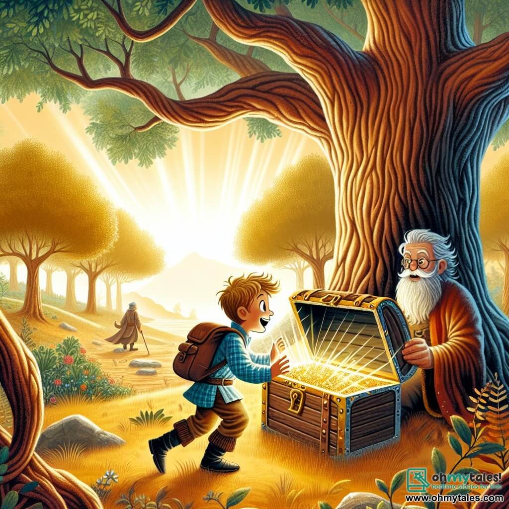 Une illustration destinée aux enfants représentant un garçon curieux et aventurier découvrant un mystérieux coffre au trésor sous un majestueux chêne centenaire, en compagnie d'un sage vieil homme, dans une clairière enchantée baignée de lumière dorée, au cœur de la forêt de Willow Creek.