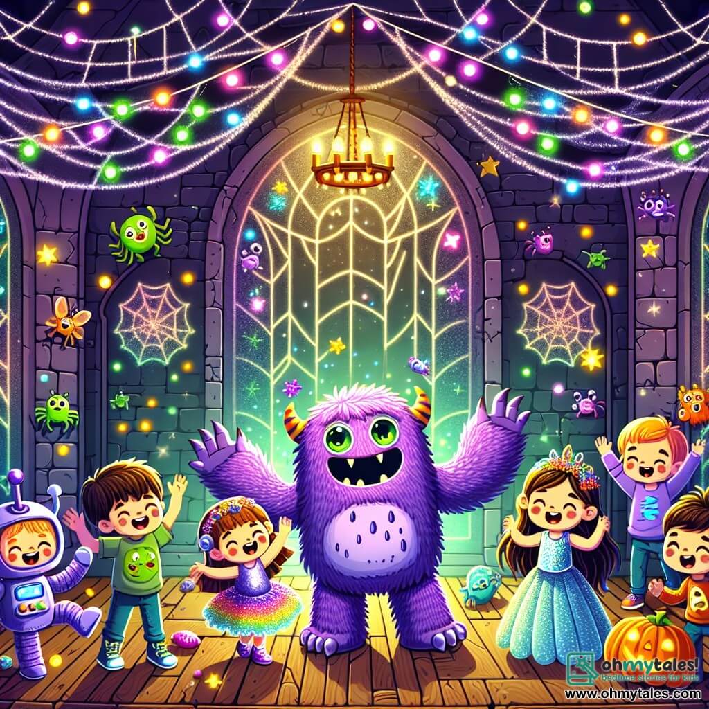 An illustration depicts a mysterious and magical room inside an old haunted house. The walls are adorned with sparkling cobwebs, and colorful lights dance in the air, creating a fairy-tale atmosphere. In the center of the room, a large friendly monster with purple fur and sparkling green eyes smiles joyfully, ready to dance. Next to it, an 8-year-old boy in a shiny robot costume raises his arms enthusiastically. A 7-year-old girl dressed as a sparkling fairy with glittering wings twirls around them, laughing. A 6-year-old boy, disguised as a fun monster in bright colors, makes faces, while a 5-year-old girl in a pumpkin costume claps in amazement. All the children are dancing and having fun, their faces lit up with joy and excitement. Colorful candies are scattered around, adding a festive touch to the scene. Sparkling stars float in the air, creating a warm and friendly atmosphere in this magical gathering.