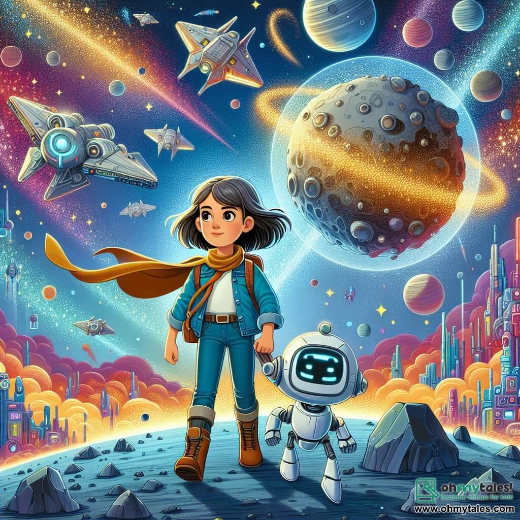 Une illustration destinée aux enfants représentant une jeune femme courageuse explorant un astéroïde géant avec son fidèle robot compagnon, dans un univers futuriste rempli de vaisseaux scintillants et de cités flottantes aux couleurs vives.
