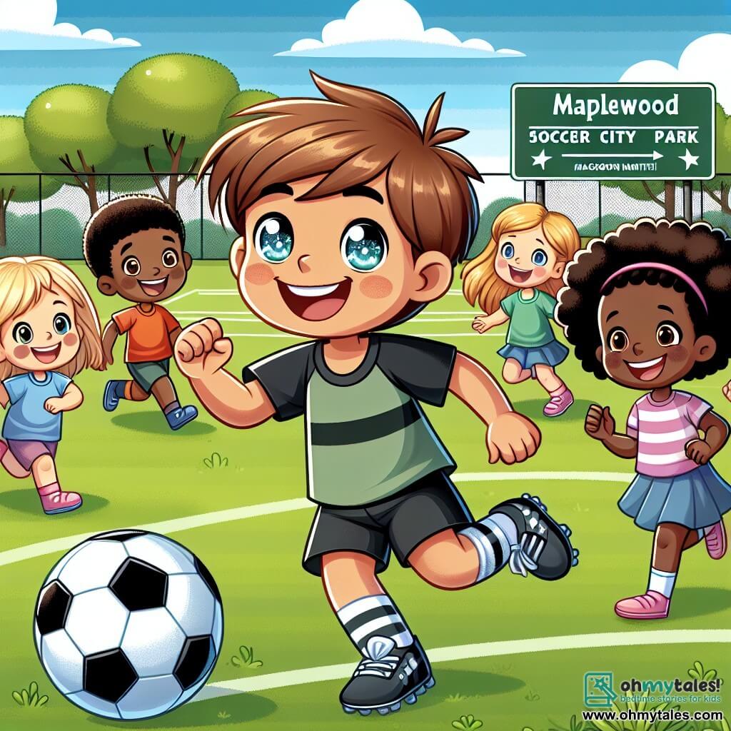 Une illustration sous forme de dessin destinée aux enfants représentant un terrain de soccer ensoleillé dans un parc de la ville de Maplewood, avec un garçon de 7 ans aux cheveux bruns et aux yeux pétillants, dribblant un ballon de soccer avec enthousiasme, entouré de plusieurs enfants de différentes origines ethniques, dont une fille aux pigtails blonds et une autre fille aux cheveux noirs et bouclés, tous souriants et jouant ensemble, illustrant l'esprit d'unité et de célébration de la diversité au sein de leur communauté.