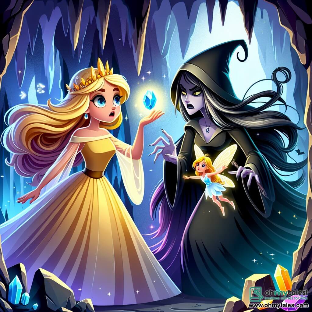 Une illustration sous forme de dessin destinée aux enfants représentant une scène magique dans les Enchanted Caves, où une jeune femme aux cheveux dorés et aux yeux brillants, vêtue d'une robe légère, se tient courageusement face à une sorcière aux longs cheveux noirs et au regard froid, tenant un cristal scintillant dans sa main, tandis qu'une petite fée aux ailes étincelantes vole à ses côtés, illuminant l'obscurité de la grotte, symbolisant la lutte entre la lumière et l'ombre dans un monde de fantasy mythique.