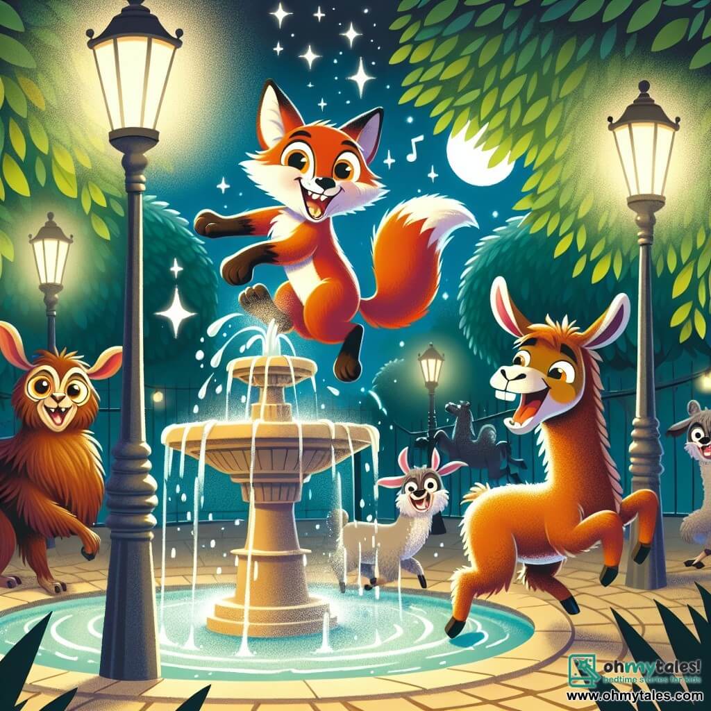Illustration destinée aux enfants représentant une scène nocturne dans un parc magique, illuminé par des lampadaires scintillants et entouré d’arbres aux feuilles dansantes sous la brise légère. Au centre, un renard rusé avec un pelage roux éclatant et des yeux pétillants de malice, en train de sauter joyeusement dans une fontaine, éclaboussant de l’eau autour de lui. À ses côtés, un babouin espiègle avec un pelage brun et une queue enroulée, riant aux éclats, et une llama aux longues pattes, les yeux brillants d’excitation, prête à le rejoindre dans le jeu. La scène est remplie de rires et de gouttes d’eau scintillantes, capturant l’esprit d’aventure et de camaraderie des animaux en pleine escapade nocturne.