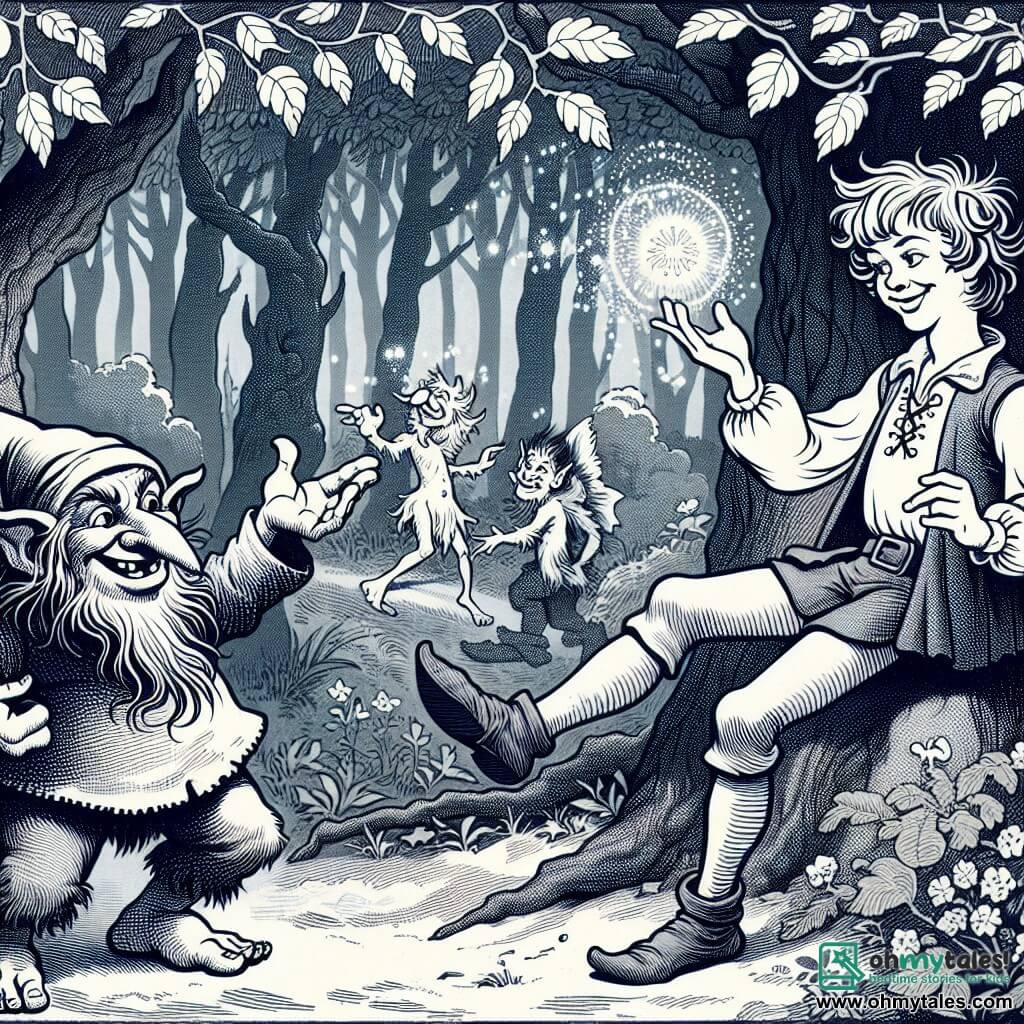 Une illustration destinée aux enfants représentant un jeune apprenti sorcier en proie à des aventures magiques et amusantes avec un troll tickleux, dans une forêt enchantée où les arbres dansent au rythme de la musique.