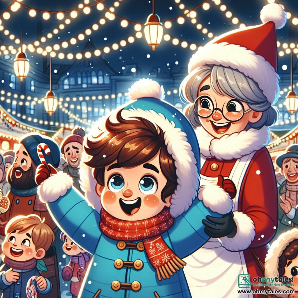 Une illustration sous forme de dessin destinée aux enfants représentant un marché de Noël animé, illuminé par des guirlandes scintillantes, où un garçon de 6 ans aux cheveux bruns et bouclés, vêtu d'un manteau bleu vif et d'une écharpe rouge, se tient avec un grand sourire, tenant une canne en sucre d'orge, tandis qu'à ses côtés, une femme souriante habillée en costume de Mère Noël, avec un tablier blanc et des lunettes rondes, l'aide à retrouver ses parents perdus dans la foule joyeuse, remplie de familles riant et partageant des friandises, créant une atmosphère chaleureuse et festive.