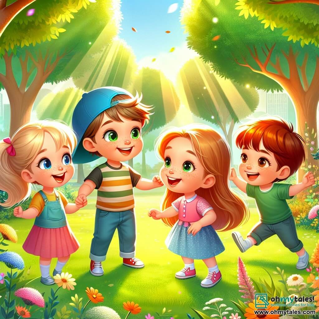 An illustration depicts a large sunny park filled with vibrant greenery, tall trees with bright green leaves, and colorful flowers swaying in the breeze. In the center, a group of four children stands in a circle on the soft grass. There is a four-year-old boy with brown hair and sparkling eyes, joyfully smiling while holding a girl's hand. The girl, also four, has long blonde hair and wears a pink dress, laughing heartily. Next to them, a slightly older boy with brown hair and a blue cap makes funny gestures to amuse his friends. Finally, a little girl with red hair and freckles beams with a radiant smile, clearly happy to be surrounded by her new friends. The scene captures a moment of joy and camaraderie as they encourage each other after a small fall, illustrating the importance of friendship and support. In the background, a colorful slide and children playing add to the joyful atmosphere of the park. The sky is blue with fluffy white clouds, and the sun shines, creating a warm and welcoming ambiance.