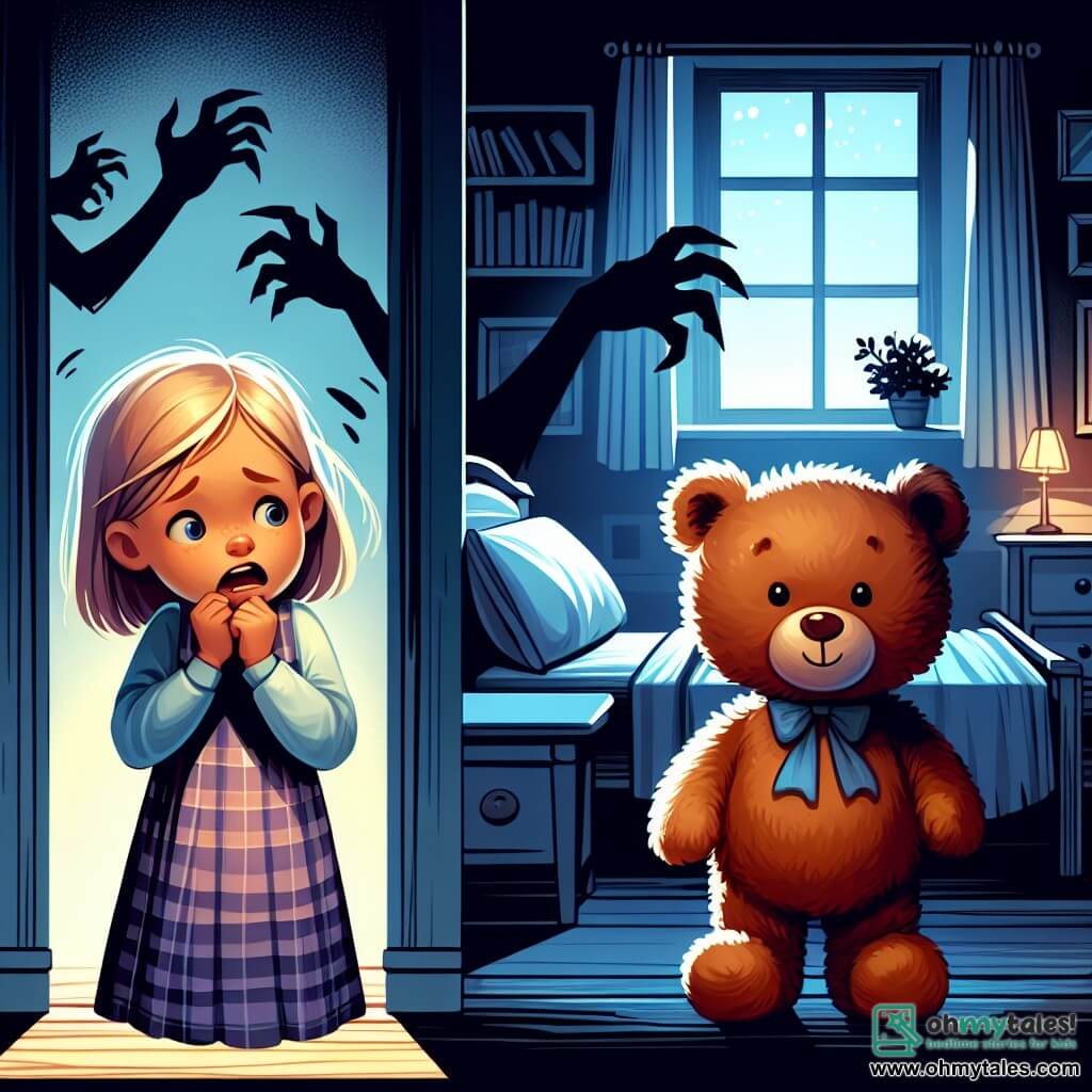 Une illustration destinée aux enfants représentant une petite fille, tremblante de peur, se tenant devant une chambre plongée dans l'obscurité, avec des ombres effrayantes qui dansent sur les murs, tandis qu'un ourson en peluche usé la regarde avec empathie, dans une maison confortable avec de grandes fenêtres laissant entrer une lumière chaleureuse pendant la journée.
