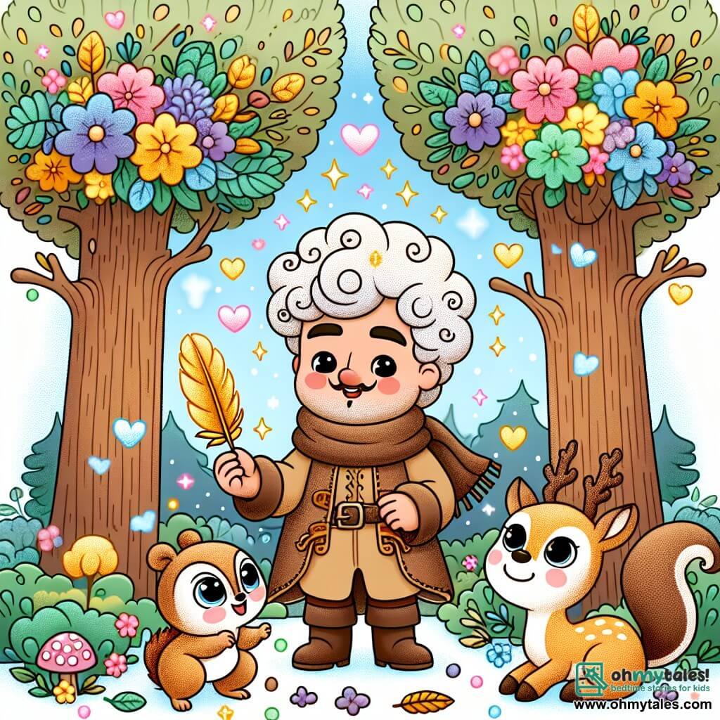 Une illustration sous forme de dessin destinée aux enfants représentant une forêt magique, avec des arbres majestueux aux feuilles scintillantes et des fleurs colorées, où un homme au grand cœur, portant un manteau brun doux et un chapeau en forme de nuage, tient délicatement une plume dorée, entouré d'un petit écureuil aux yeux pétillants et d'une douce biche aux grands yeux brillants, tous deux exprimant la joie et l'excitation de retrouver un objet précieux perdu, symbolisant l'amitié et la magie de la gentillesse dans un monde féerique.