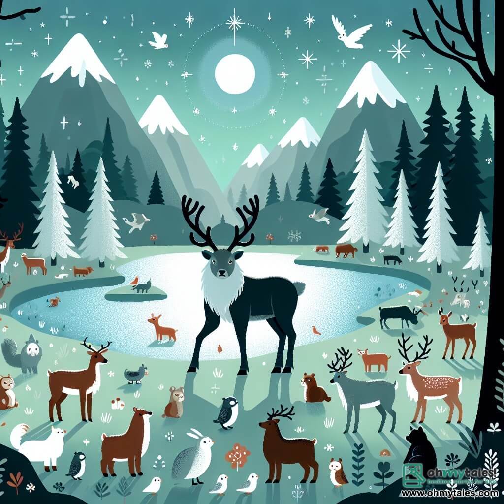Une illustration destinée aux enfants représentant un majestueux renne solitaire, se tenant au milieu d'une forêt enchantée remplie d'animaux parlants, près d'un lac scintillant entouré de montagnes enneigées.