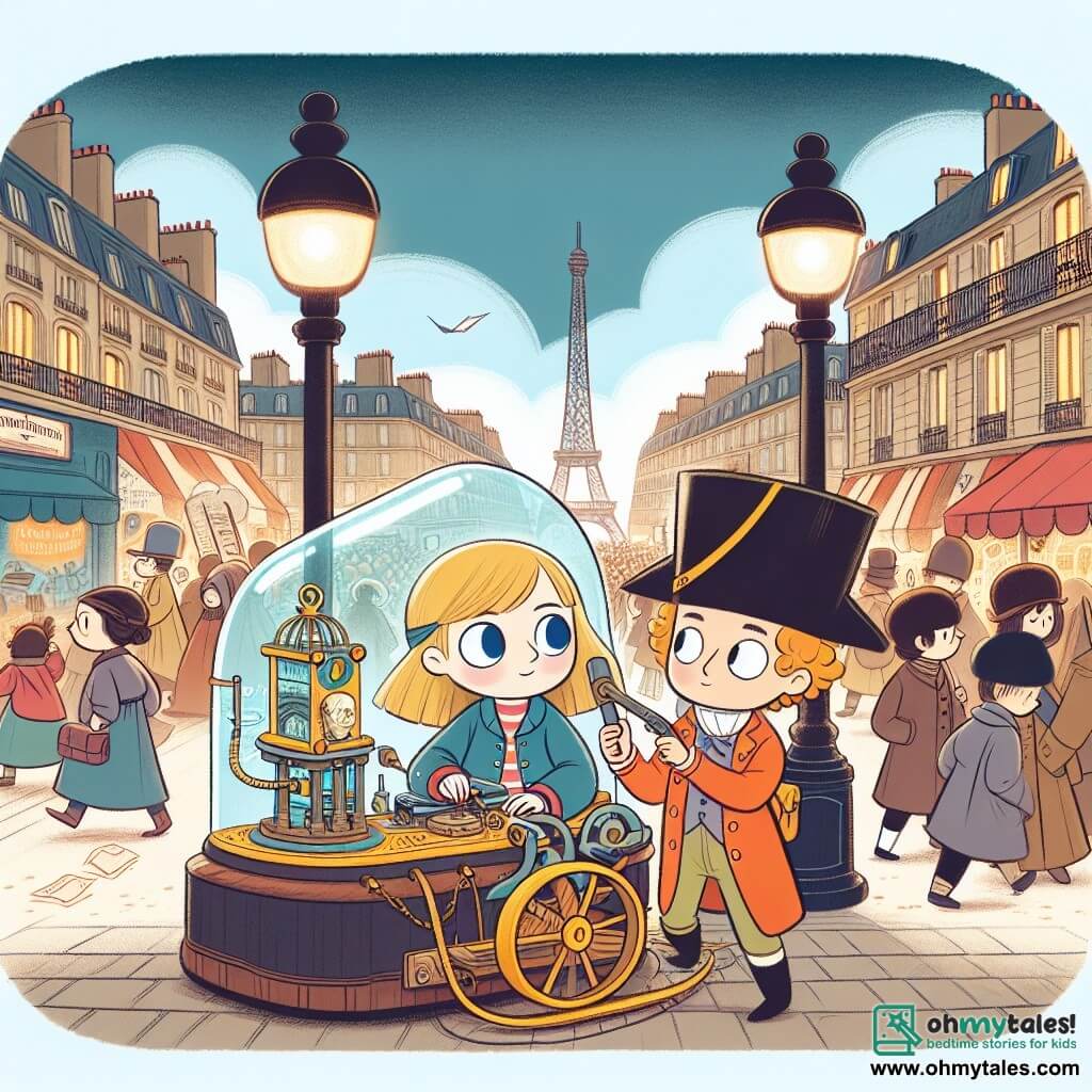 Une illustration destinée aux enfants représentant une jeune fille curieuse voyageant dans le temps à l'aide d'une machine mystérieuse, accompagnée d'un guide historien bienveillant, à travers les rues animées et chaotiques de Paris pendant la Révolution française.