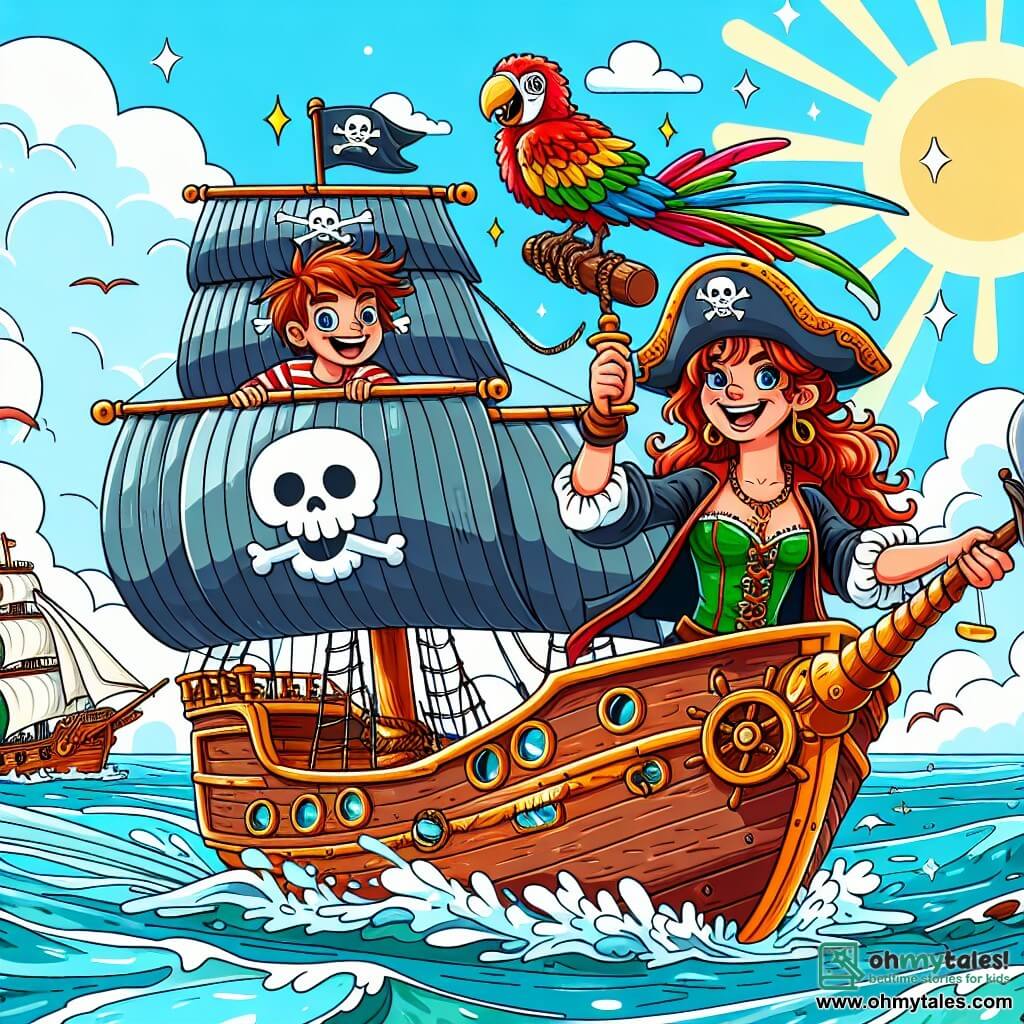 Une illustration sous forme de dessin destinée aux enfants représentant un magnifique navire pirate, la Merry Mermaid, voguant sur une mer scintillante sous un ciel ensoleillé, avec une femme courageuse aux cheveux roux flamboyants, souriante et déterminée, tenant fermement la barre du bateau, tandis qu'un perroquet coloré aux plumes vives se perche sur son épaule en s'exclamant joyeusement, et un garçon pirate au grand chapeau rigolo, faisant des grimaces pour distraire un autre navire menaçant au loin, illustrant ainsi leur aventure palpitante à la recherche d'un trésor caché.