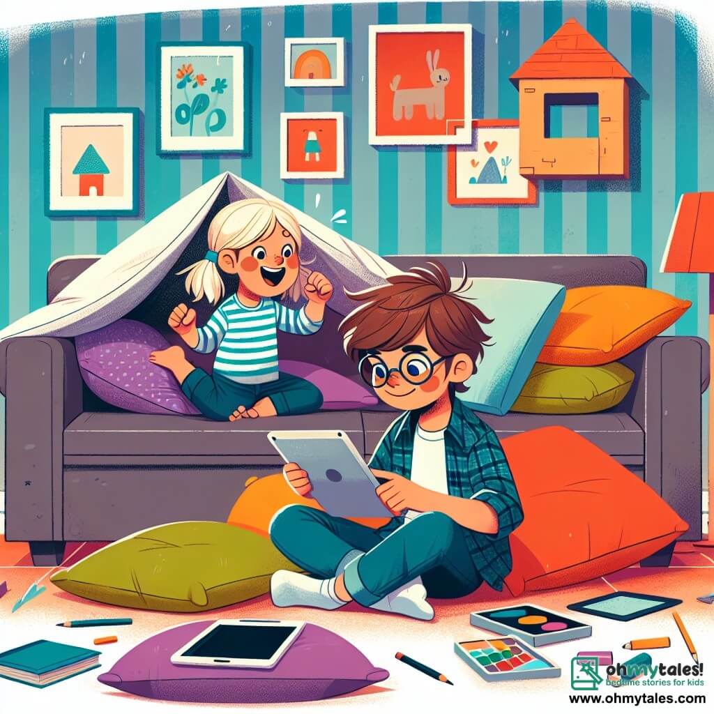 Une illustration sous forme de dessin destinée aux enfants représentant un salon chaleureux avec des murs colorés et un grand canapé, où un garçon de 11 ans aux cheveux bruns et aux lunettes rondes est assis, absorbé par son tablet, tandis qu'une petite fille de 7 ans aux pigtails blonds, souriante, construit un fort en coussins à côté de lui, illustrant le moment où la famille se lance dans un défi pour réduire leur temps d'écran et découvrir de nouvelles activités ensemble.
