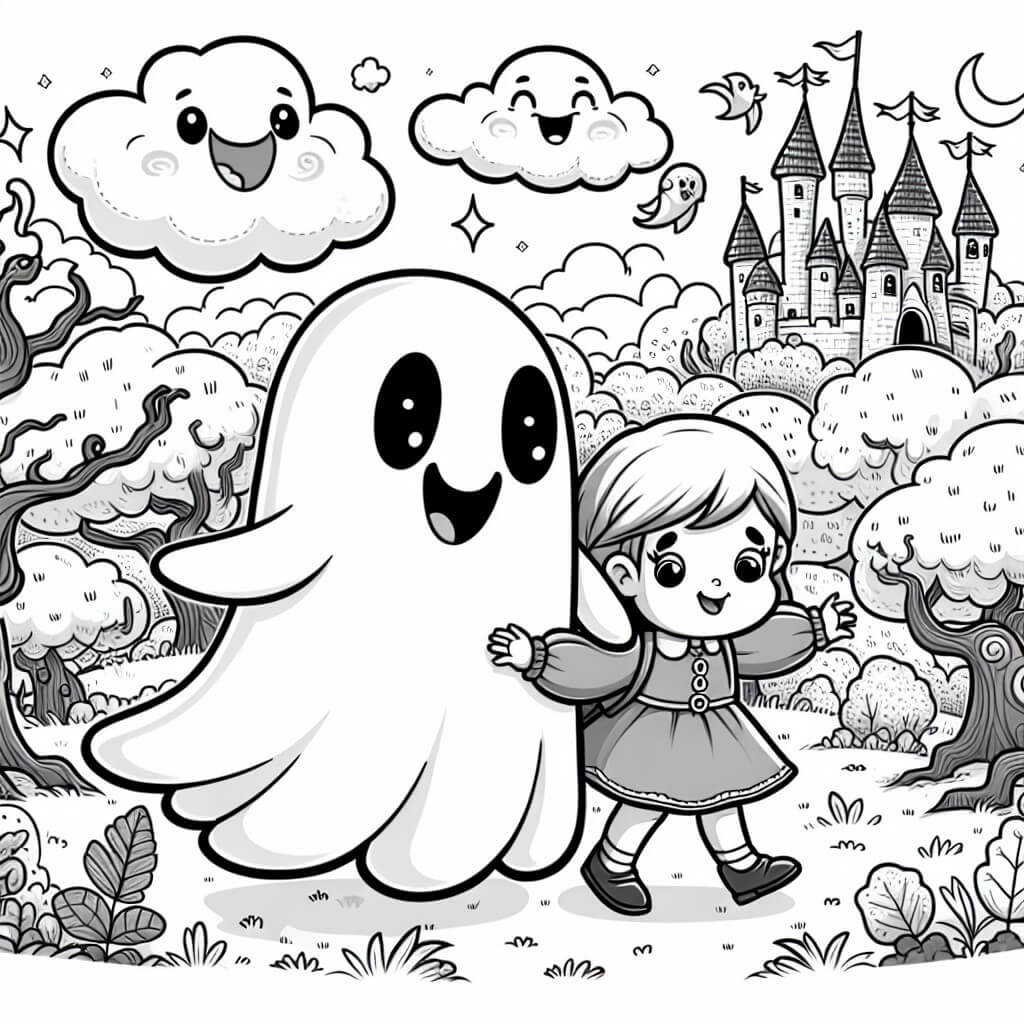 Une illustration destinée aux enfants représentant un fantôme joyeux et espiègle, accompagné d'une petite fille curieuse, dans un paysage enchanté rempli de châteaux flottants, de nuages moelleux et d'arbres tordus, évoquant ainsi une histoire de créatures fantastiques.
