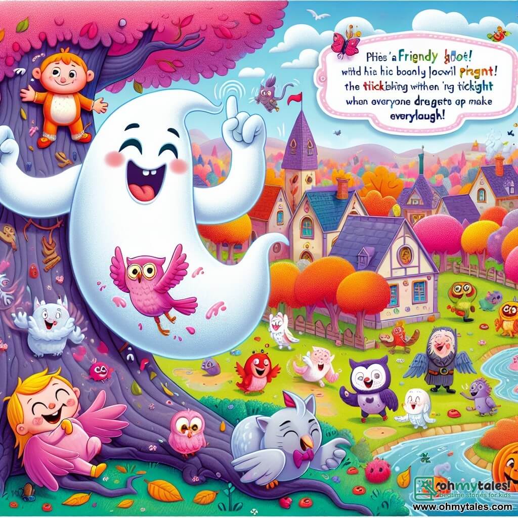 Une illustration destinée aux enfants représentant un fantôme sympathique flottant joyeusement dans un village coloré rempli de créatures rigolotes, où il joue une farce hilarante avec l'aide d'un hibou malicieux pour faire rire tout le monde sous un arbre chatouilleux aux feuilles roses et pourpres qui éclaboussent de rires tous ceux qui osent s'en approcher dans ce paysage féerique appelé Whimsyville.