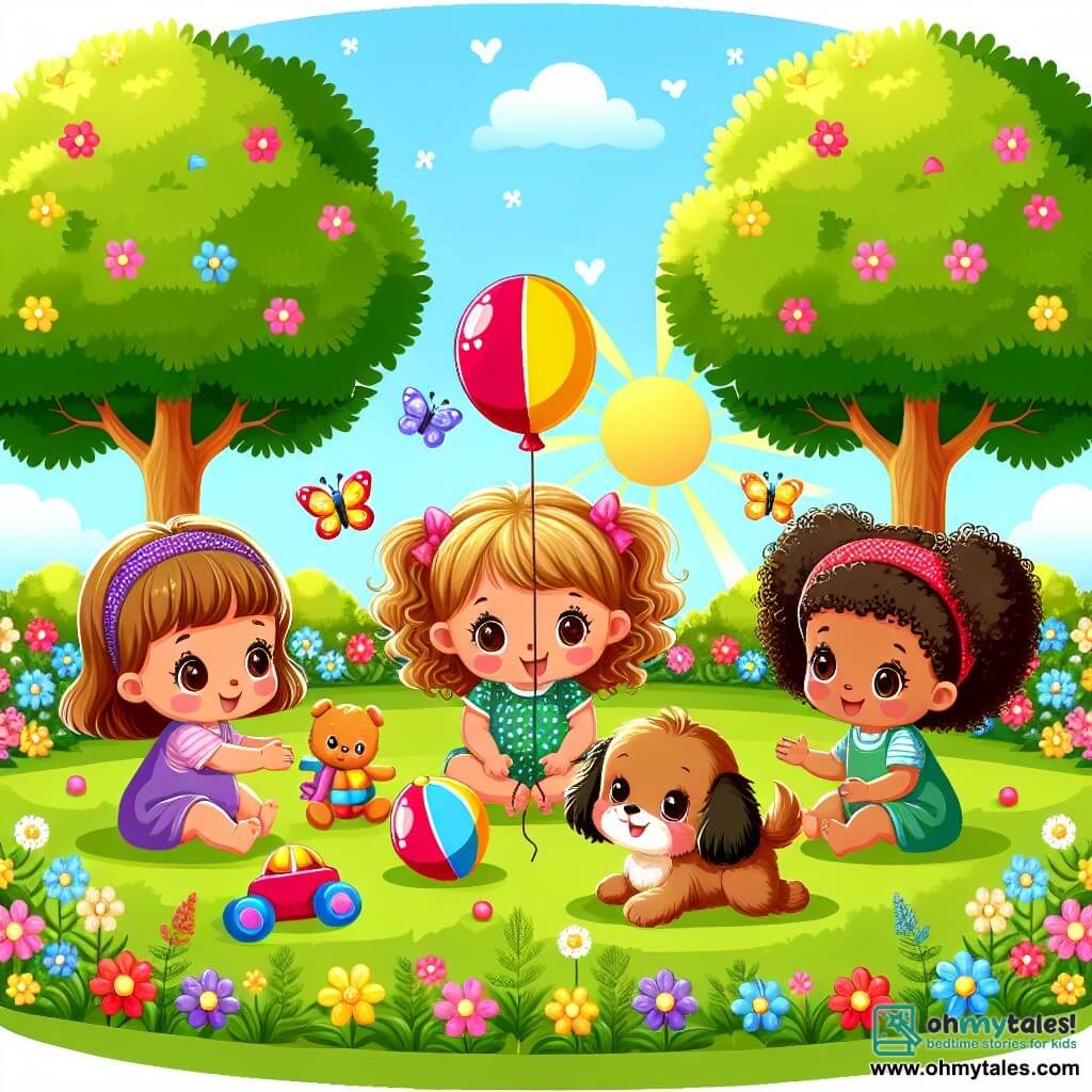An illustration depicting a sunny park with large green trees and colorful flowers. In the center, three two-year-old girls, two with curly hair—one blonde and the other brunette—and one with straight black hair, are playing joyfully. They are sitting in a circle on the soft grass, surrounded by colorful toys. The blonde girl holds a large red and yellow balloon, while the others laugh and clap. A fluffy brown puppy with big sparkling eyes chases the balloon, smiling. The scene radiates happiness and friendship, with sunlight illuminating everything and butterflies fluttering around.