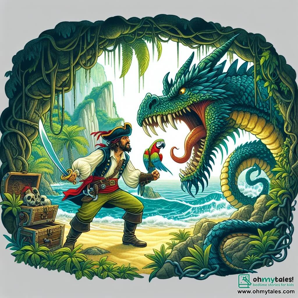 Une illustration destinée aux enfants représentant un courageux pirate homme affrontant un dragon féroce aux écailles scintillantes dans une mystérieuse grotte au cœur d'une île tropicale luxuriante, avec son fidèle perroquet compagnon perché sur son épaule.