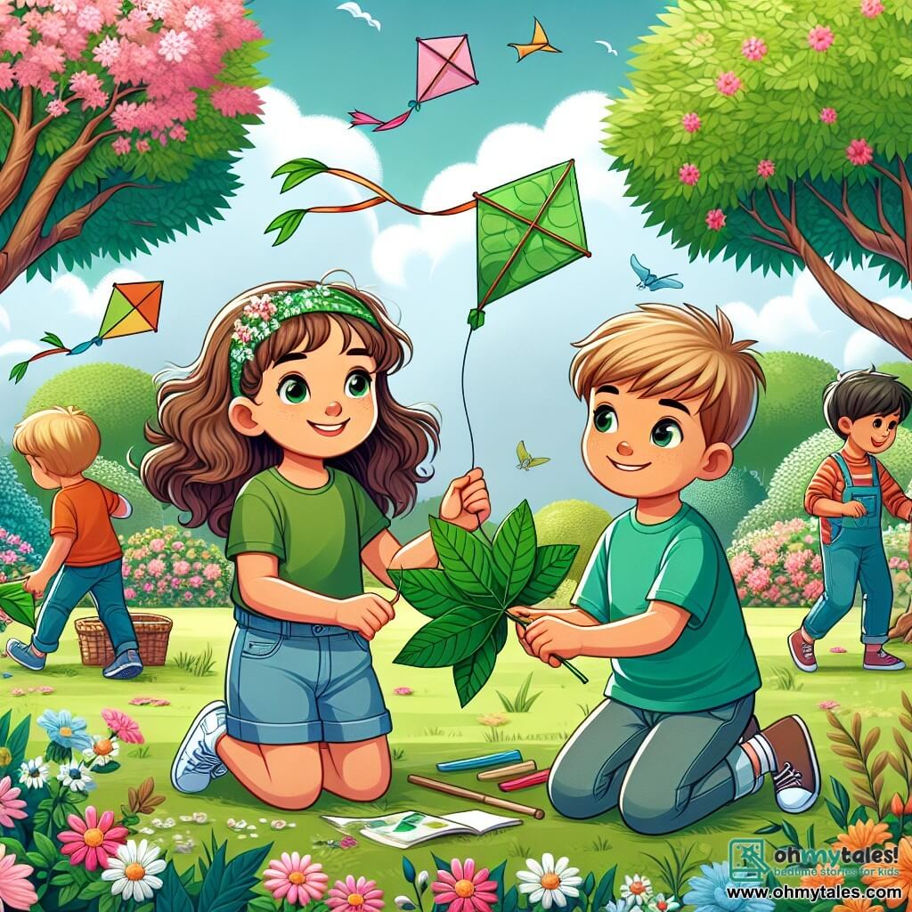 Une illustration sous forme de dessin destinée aux enfants représentant un parc verdoyant en plein printemps, avec des fleurs colorées et des arbres feuillus, où une fille de 11 ans aux cheveux bruns et bouclés, portant un t-shirt vert et un short en denim, est en train de construire un cerf-volant en forme de feuille avec son ami, un garçon aux cheveux blonds et courts, vêtu d'un t-shirt bleu, tandis qu'ils sont entourés d'autres enfants qui s'amusent à voler des cerfs-volants, symbolisant leur engagement à sensibiliser les autres au changement climatique et à protéger leur environnement.