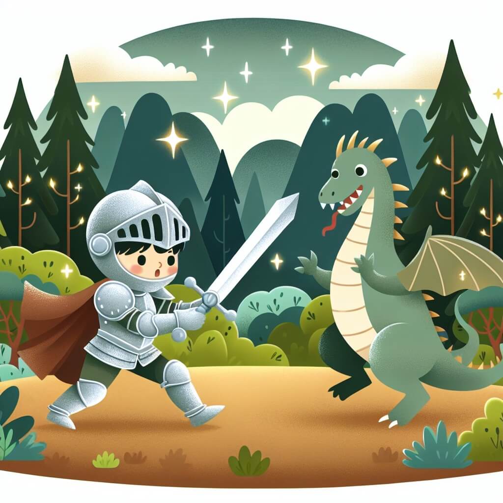Une illustration destinée aux enfants représentant un vaillant chevalier, arborant une armure étincelante, combattant un dragon féroce dans un paysage enchanteur, avec une forêt dense et mystérieuse en arrière-plan.