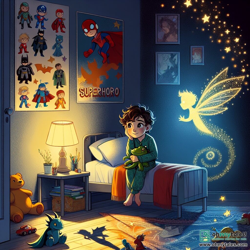 An illustration depicts a cozy child's room, adorned with superhero posters and colorful toys scattered on the floor. The soft glow of a lamp illuminates one corner, while the other half is shrouded in darkness, where shadows dance on the walls. In the center, a 9-year-old boy with tousled brown hair and sparkling curious eyes sits on his bed, holding a stuffed dragon against him, showing an expression of both wonder and apprehension. In the shadows, a small glowing creature with shimmering wings, resembling a fairy, hovers near him, ready to help him overcome his fear. The main scene shows the boy, hesitant yet determined, prepared to face the darkness with the aid of his magical friend, symbolizing courage in the face of fear of the dark. Sparkling stars and glowing patterns float around them, adding a touch of magic to the atmosphere.