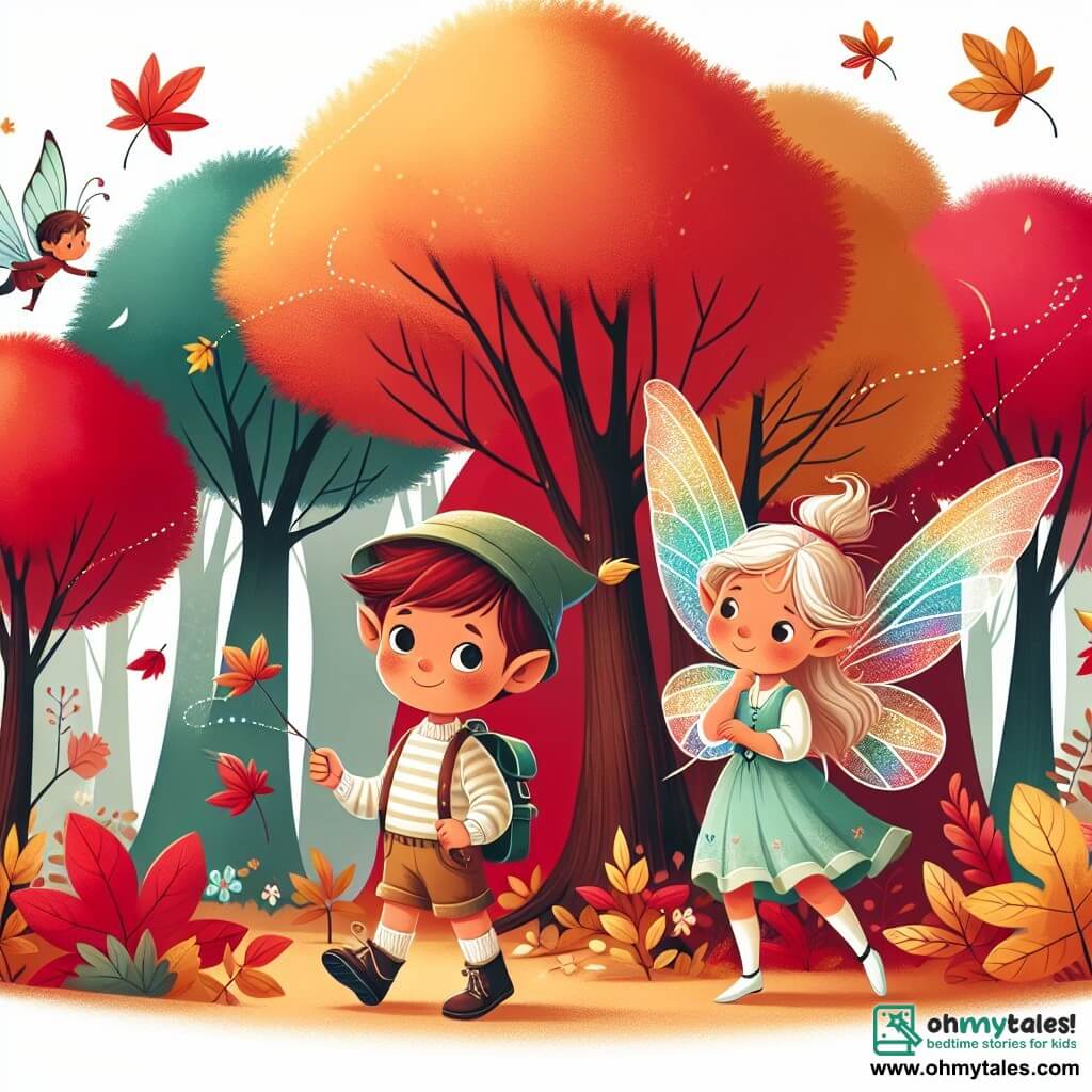 Une illustration destinée aux enfants représentant un jeune garçon curieux et aventureux, accompagné d'une fée aux ailes scintillantes, explorant une forêt aux couleurs automnales éclatantes, avec des arbres peints en rouge, orange et jaune, et des feuilles tourbillonnant dans l'air.