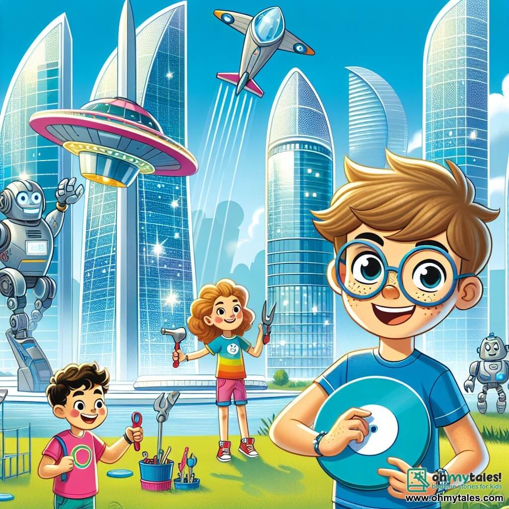 Une illustration sous forme de dessin destinée aux enfants représentant un parc flottant dans une ville futuriste, avec des bâtiments en verre scintillant sous un ciel bleu, où un garçon de 7 ans aux cheveux en bataille et portant des lunettes rondes, tenant un disque volant, est entouré de deux amis : une fille aux cheveux longs et bouclés, vêtue d'une t-shirt coloré, et un garçon aux cheveux courts, souriant et tenant des outils, tous trois en train de construire un vaisseau volant pour récupérer le disque qui s'est envolé, avec des robots amicaux en arrière-plan, prêts à les aider dans leur aventure.
