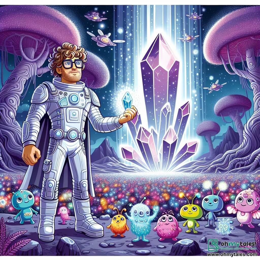 Une illustration sous forme de dessin destinée aux enfants représentant un vaste paysage de Planet Zorak, avec des arbres géants aux troncs violets et des fleurs éclatantes, où un homme aux cheveux bouclés et aux lunettes rondes, vêtu d'une combinaison spatiale brillante, se tient avec un air déterminé, tenant des cristaux scintillants dans ses mains, tandis qu'un groupe de petits aliens colorés aux yeux pétillants et aux antennes frétillantes l'entoure, tous regardant avec admiration le Grand Cristal lumineux qui pulse d'énergie au centre de la scène, symbolisant l'union et l'aventure dans leur quête pour sauver leur planète.