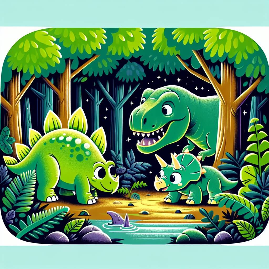Une illustration destinée aux enfants représentant un stégosaure joyeux et curieux, se trouvant dans une dense forêt verdoyante, accompagné d'un adorable bébé tricératops perdu, tandis qu'ils affrontent un T-Rex terrifiant dans une clairière sombre et mystérieuse.