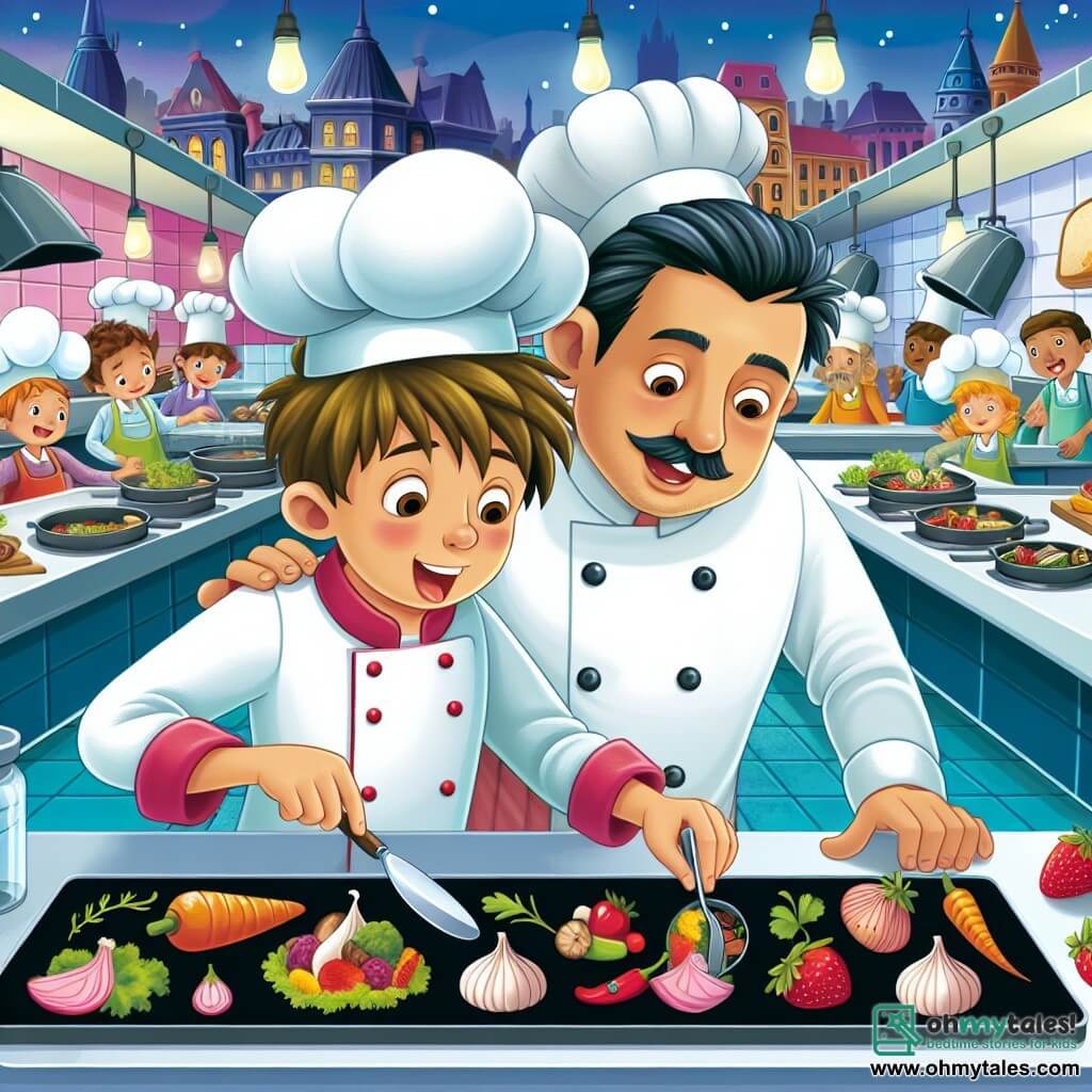 Une illustration destinée aux enfants représentant un jeune chef cuisinier passionné préparant un festin gastronomique sous la bienveillance de son mentor dans la cuisine animée et colorée d'un restaurant étoilé de la ville de Flavortown.