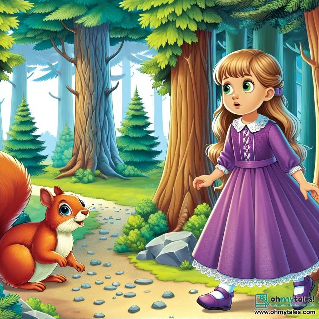 Une illustration destinée aux enfants représentant une fille curieuse, vêtue d'une robe violette, explorant une mystérieuse forêt enchantée aux arbres majestueux, accompagnée d'un écureuil parlant nommé Jasper.