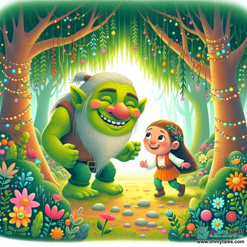 Une illustration destinée aux enfants représentant un joyeux troll, avec sa peau verte et son grand sourire, qui fait la rencontre d'une petite fille aventurière dans une forêt enchantée remplie de fleurs colorées et d'arbres majestueux aux feuilles scintillantes.