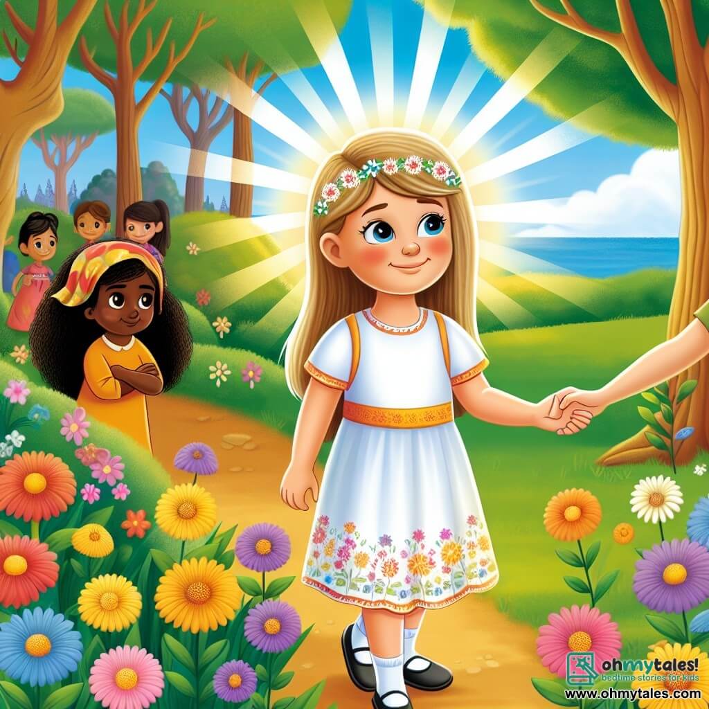 Une illustration destinée aux enfants représentant une jeune fille rayonnante, faisant face à des préjugés et à la discrimination en raison de sa différence ethnique, avec l'aide d'une amie fidèle, dans un parc ensoleillé rempli de fleurs colorées et d'arbres majestueux.
