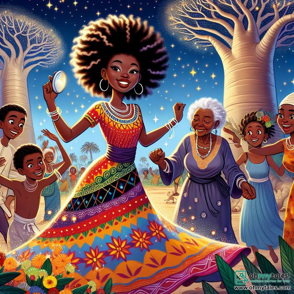 Une illustration sous forme de dessin destinée aux enfants représentant une scène vibrante dans le village de Kijani, où une jeune femme au teint riche et aux cheveux crépus dansants, vêtue d'une robe colorée ornée de motifs africains, se tient avec un miroir scintillant dans les mains, entourée de villageois aux visages joyeux, dont un garçon aux yeux pétillants et une vieille femme sage aux cheveux argentés, tous célébrant la diversité et l'unité de leur communauté sous un ciel étoilé, avec des baobabs majestueux en arrière-plan et des fleurs sauvages colorées éparpillées autour d'eux.