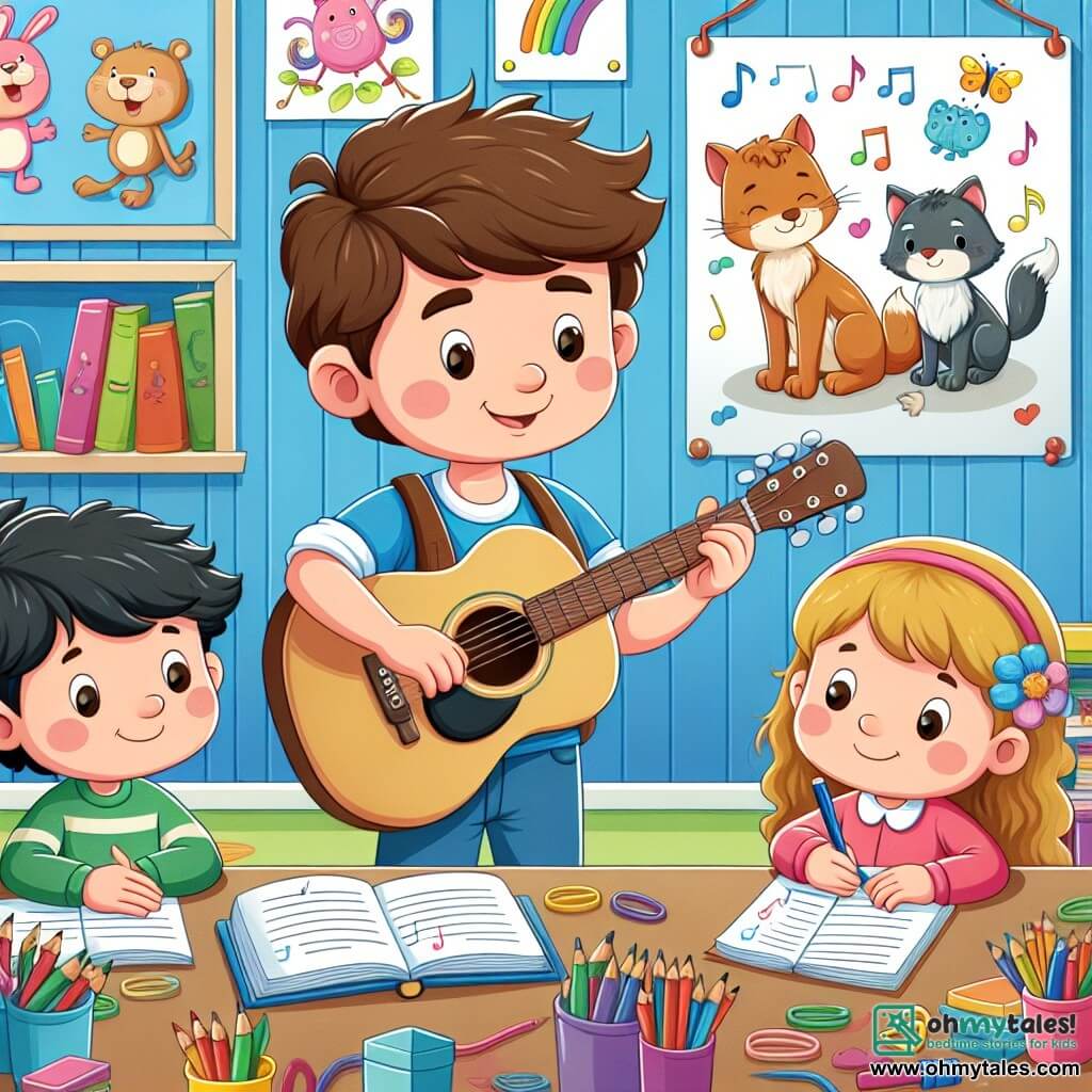 Une illustration destinée aux enfants représentant un homme musicien jouant de la guitare, accompagné de deux enfants, un garçon et une fille, écrivant une chanson sur les animaux dans une salle de classe colorée remplie de livres, de crayons et de dessins accrochés aux murs.