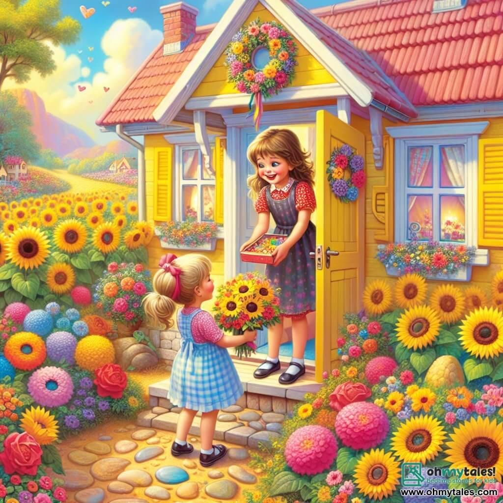 Une illustration destinée aux enfants représentant une fillette joyeuse préparant une surprise pour sa maman avec l'aide de son meilleur ami, dans une charmante maison jaune entourée d'un jardin fleuri à Sunflower Valley.