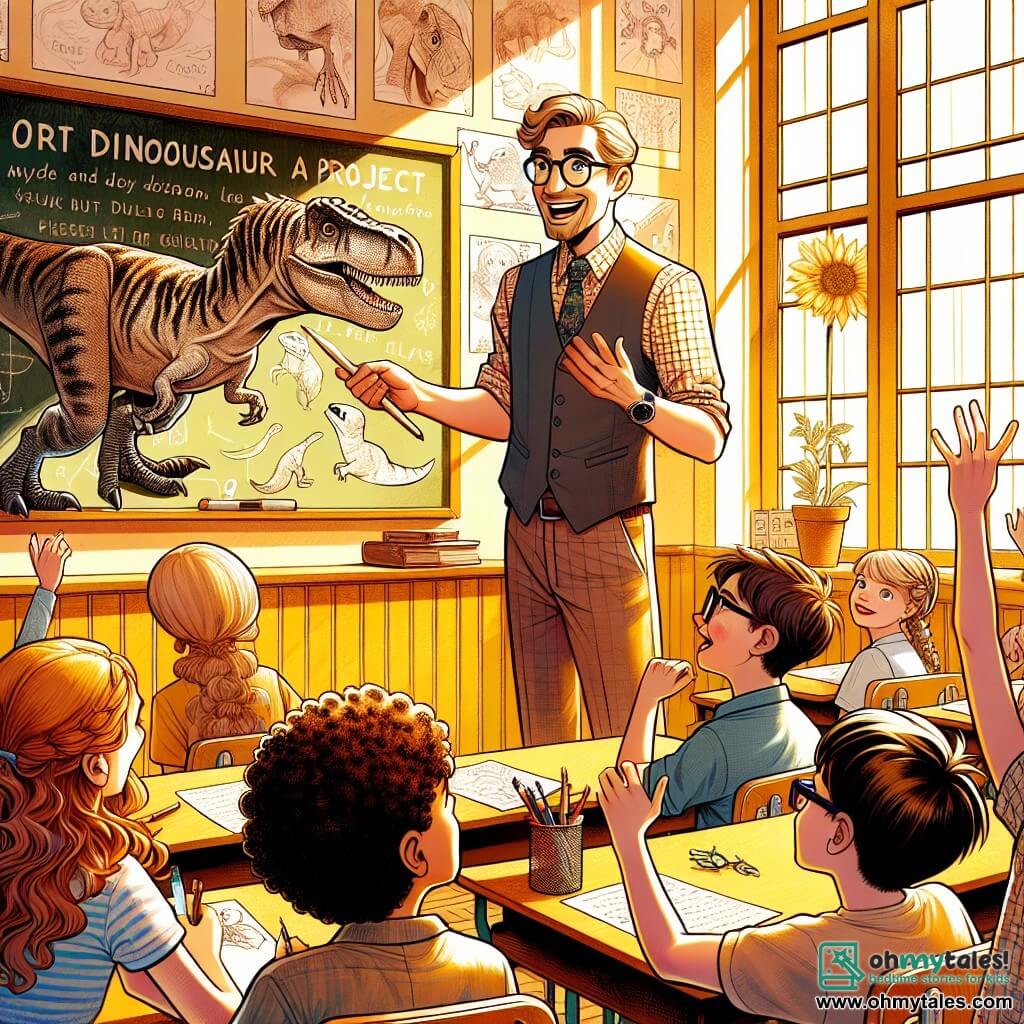 Une illustration sous forme de dessin destinée aux enfants représentant une salle de classe colorée de l'école Maplewood Academy, avec des murs ornés de dessins d'enfants et des fenêtres laissant entrer la lumière du soleil ; au centre, un homme grand avec un sourire chaleureux et des yeux pétillants, portant une chemise à carreaux et des lunettes, se tient devant un tableau noir en expliquant avec enthousiasme un projet sur les dinosaures ; autour de lui, plusieurs enfants, dont une fille aux cheveux bouclés et un garçon aux lunettes, écoutent attentivement et prennent des notes, tandis qu'un autre garçon aux cheveux bruns lève la main avec excitation pour poser une question, illustrant ainsi l'esprit de curiosité et d'apprentissage qui règne dans la classe.