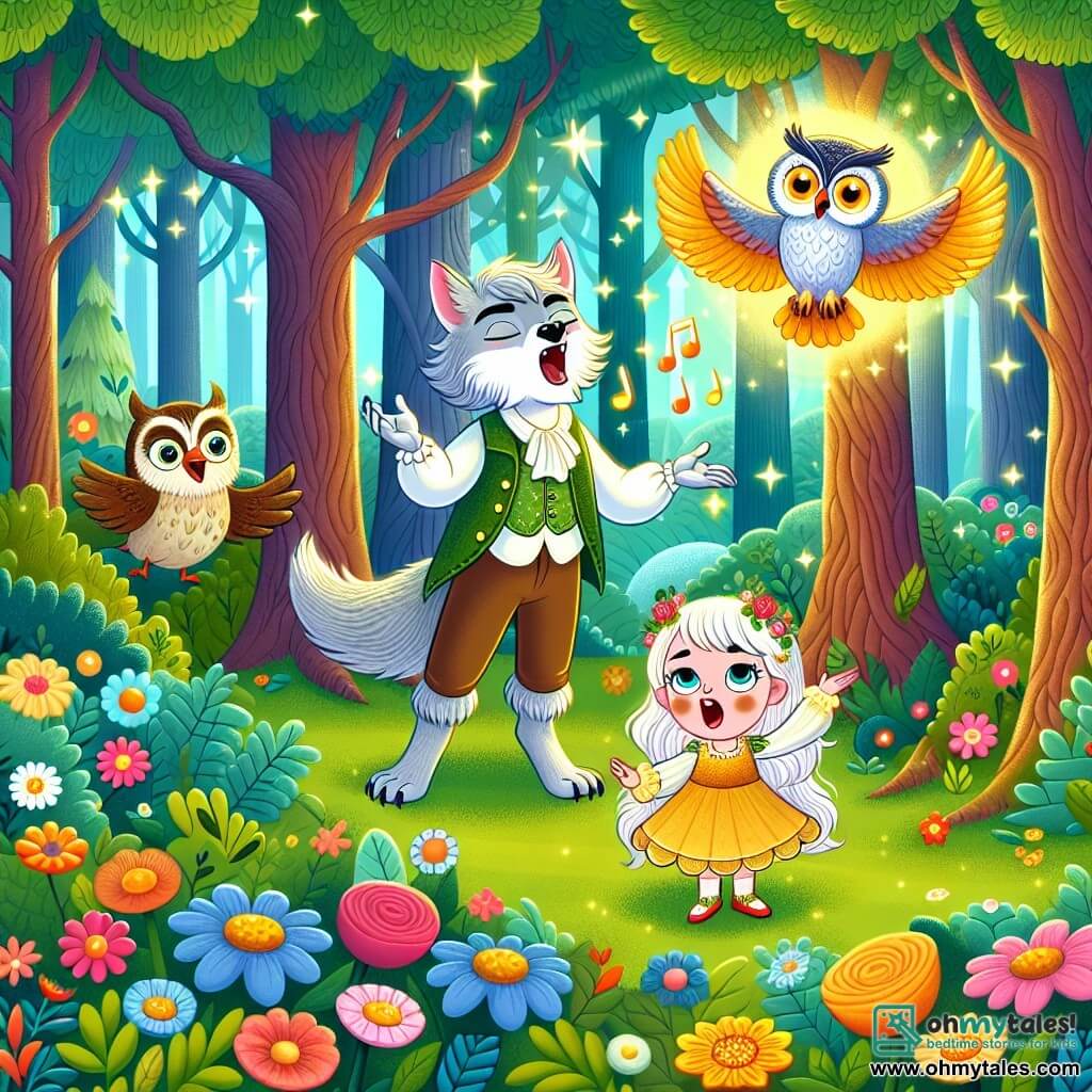 Une illustration sous forme de dessin destinée aux enfants représentant une forêt magique aux arbres majestueux aux feuilles scintillantes, où un loup-garou au pelage argenté et aux yeux brillants, un garçon courageux, chante avec passion pour raviver le cœur lumineux de la forêt, tandis qu'un petit hibou aux plumes dorées, une fille espiègle, vole autour d'eux en hootant joyeusement, entourés de fleurs colorées qui commencent à s'épanouir à nouveau, symbolisant le retour de la magie et de la vie dans leur monde enchanteur.